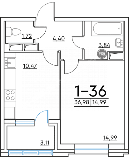   1-к квартира, 36.98 кв.м. 