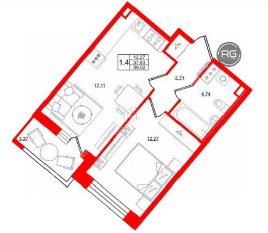 Видовая 2Е с отделкой!, 37,83 м², Санкт-Петербург, Невский район, Октябрьская наб.